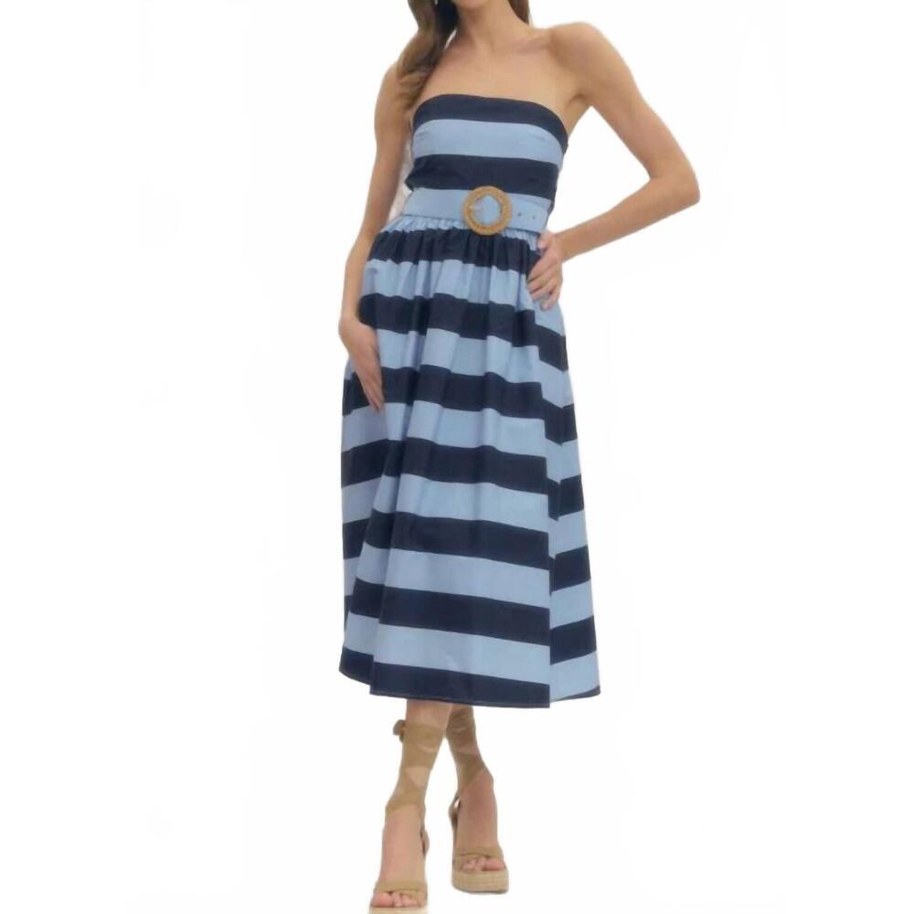 entro Strapless Midi Dress in Light Blue and Navy Stripes
